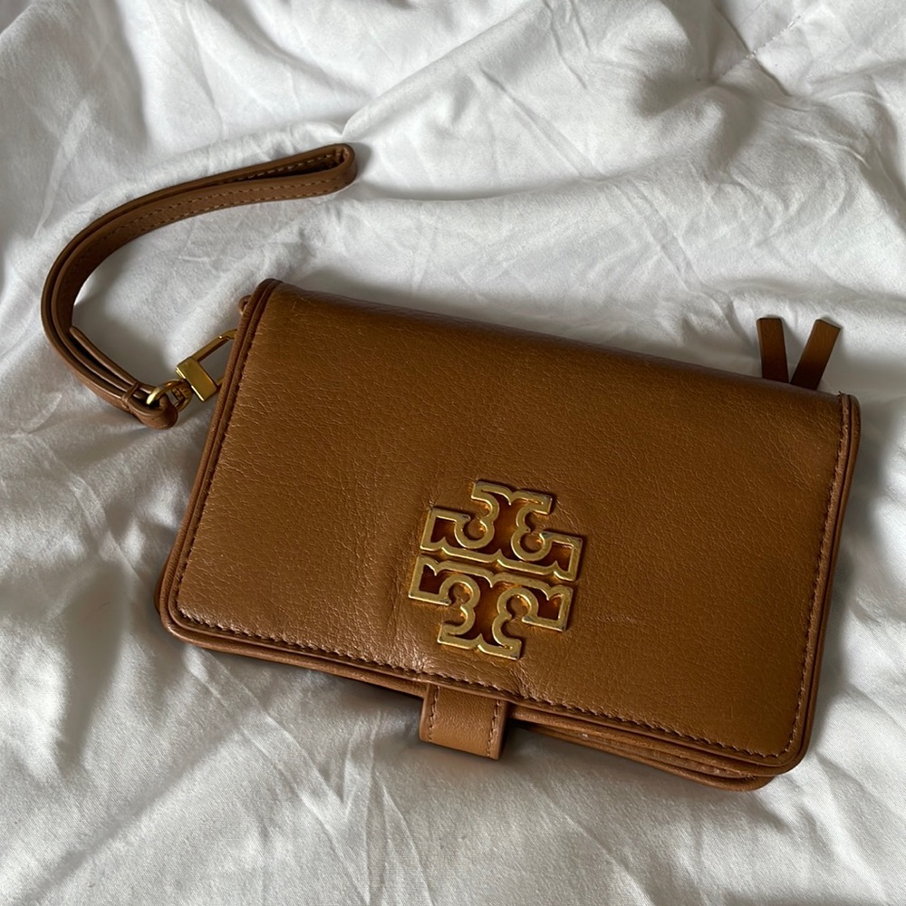Tory Burch Tan Leather Wristlet with Gold Logo